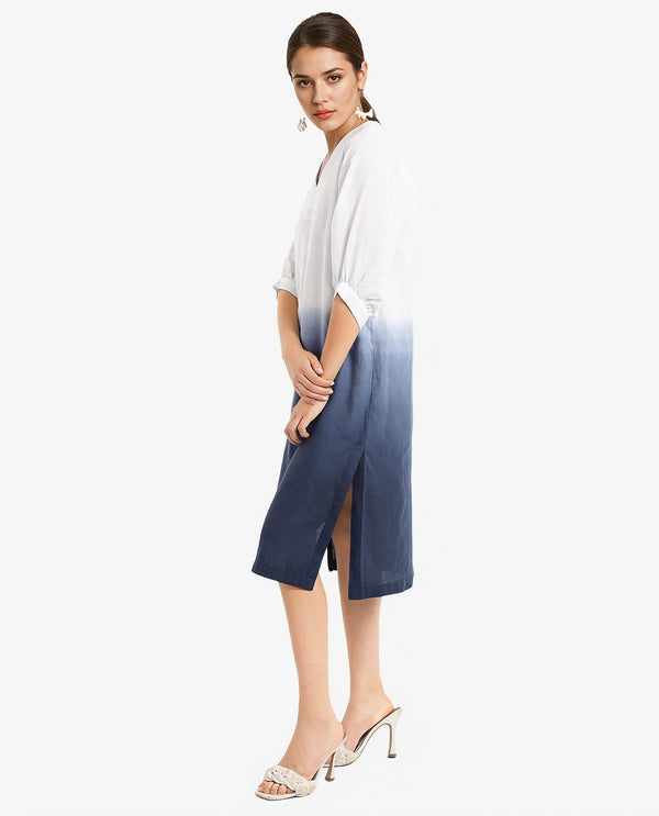 Rareism Women's Algan White Polyester Blend Fabric V-Neck  Raglan Sleeve Ombre Straight Fit Midi Dress