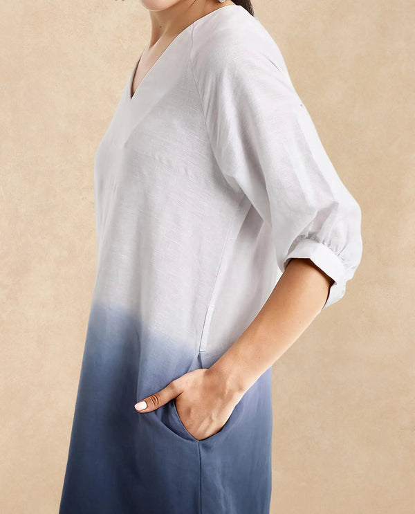 Rareism Women's Algan White Polyester Blend Fabric V-Neck  Raglan Sleeve Ombre Straight Fit Midi Dress