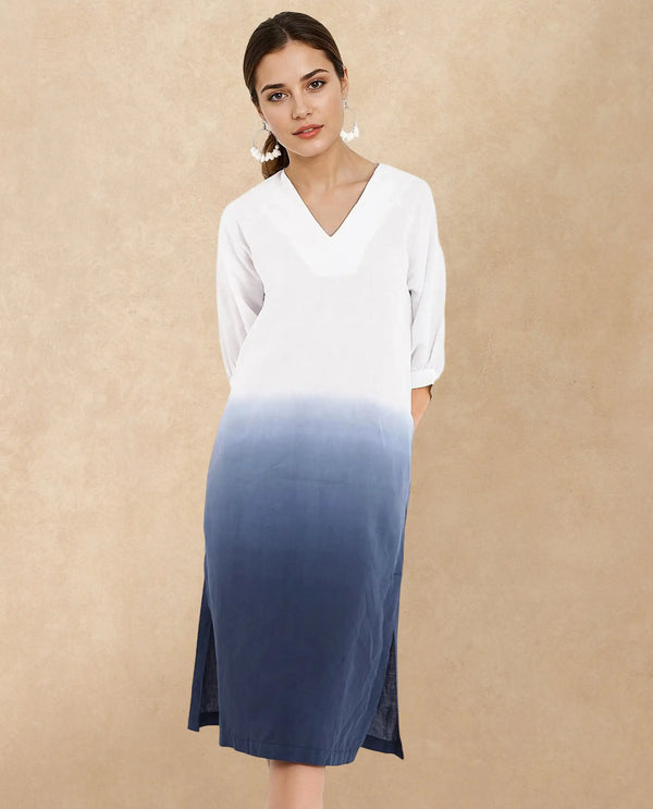 Rareism Women's Algan White Polyester Blend Fabric V-Neck  Raglan Sleeve Ombre Straight Fit Midi Dress