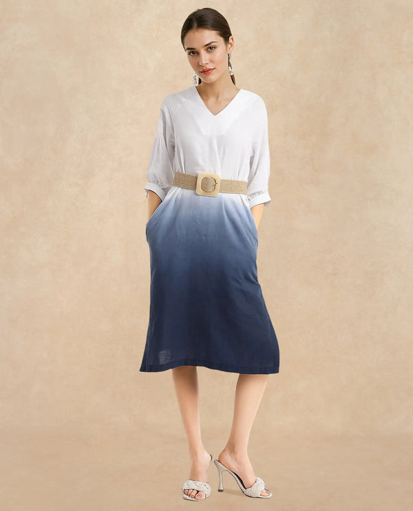 Rareism Women's Algan White Polyester Blend Fabric V-Neck  Raglan Sleeve Ombre Straight Fit Midi Dress