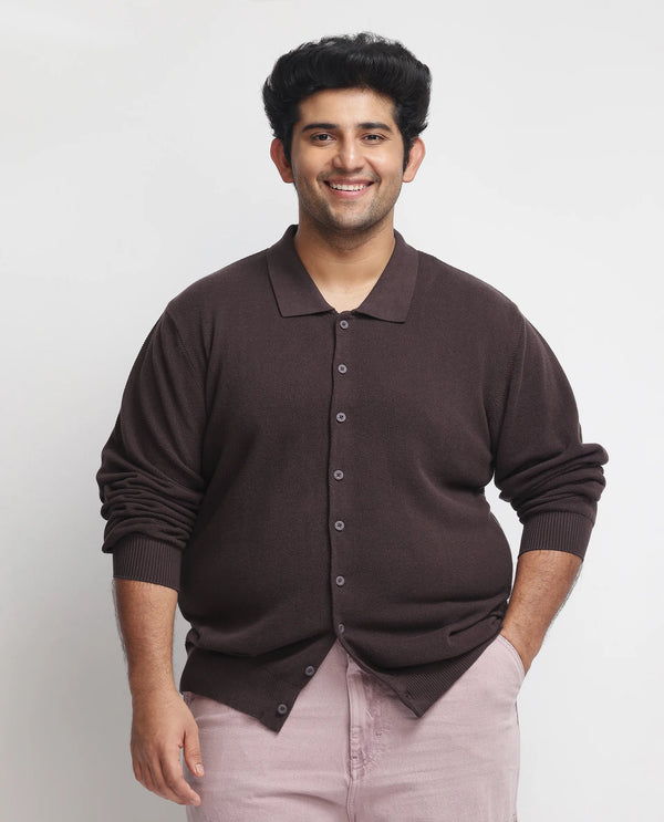 Rare Rabbit Men's Alias-N Brown Cotton Fabric Full Sleeve Regular Collar Plus Size Fit Knitted Shirt