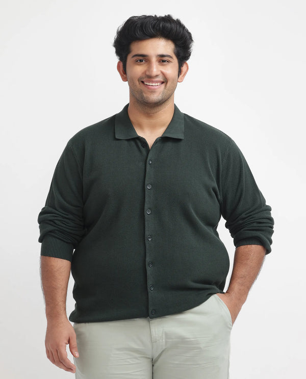 Rare Rabbit Men's Alias-N Dark Green Cotton Fabric Full Sleeve Regular Collar Knitted Shirt Plus Size