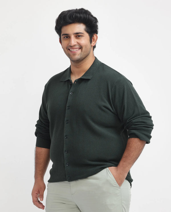 Rare Rabbit Men's Alias-N Dark Green Cotton Fabric Full Sleeve Regular Collar Knitted Shirt Plus Size
