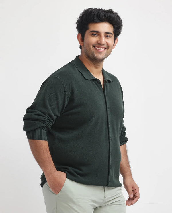 Rare Rabbit Men's Alias-N Dark Green Cotton Fabric Full Sleeve Regular Collar Knitted Shirt Plus Size