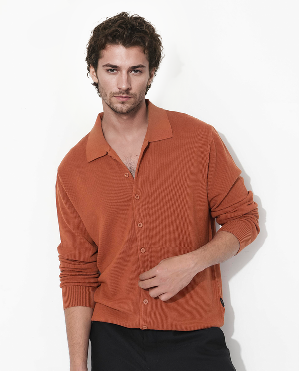 Rare Rabbit Men's Alias-N Dusky Rust Cotton Fabric Full Sleeve Regular Collar Regular Fit Knitted Shirt