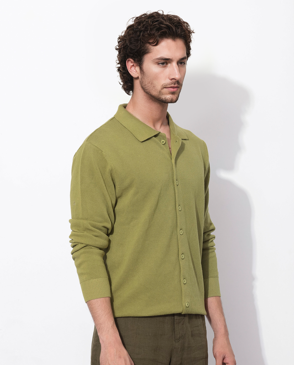 Rare Rabbit Men's Alias-N Flouroscent Green Cotton Fabric Full Sleeve Regular Collar Regular Fit Knitted Shirt
