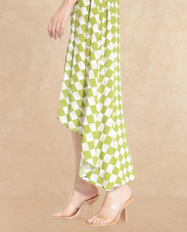 Rareism Women's Alice Light Green  Spread Collar Button Closure Cuffed Sleeve Geometric Print Flared Maxi Dress