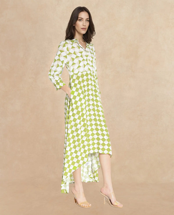 Rareism Women's Alice Light Green  Spread Collar Button Closure Cuffed Sleeve Geometric Print Flared Maxi Dress