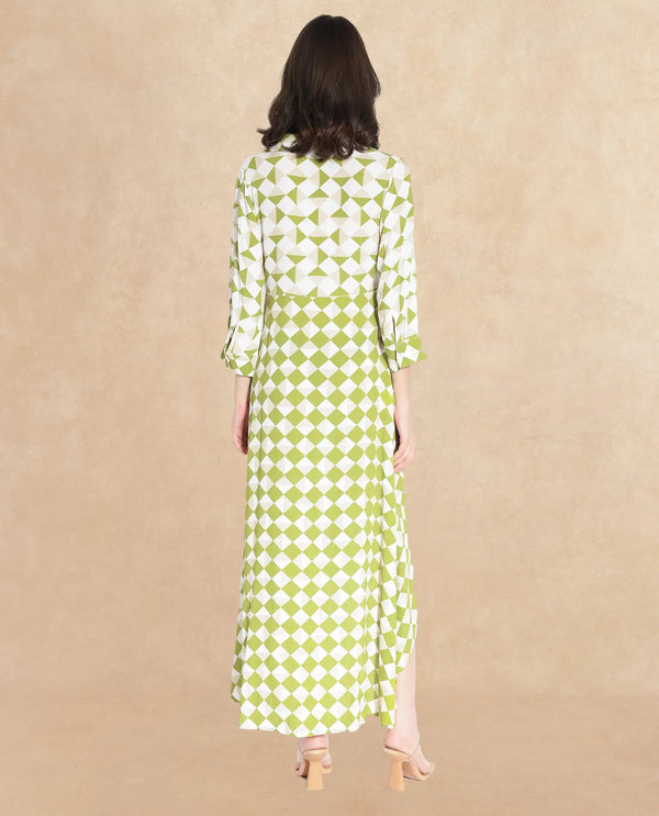 Rareism Women's Alice Light Green  Spread Collar Button Closure Cuffed Sleeve Geometric Print Flared Maxi Dress