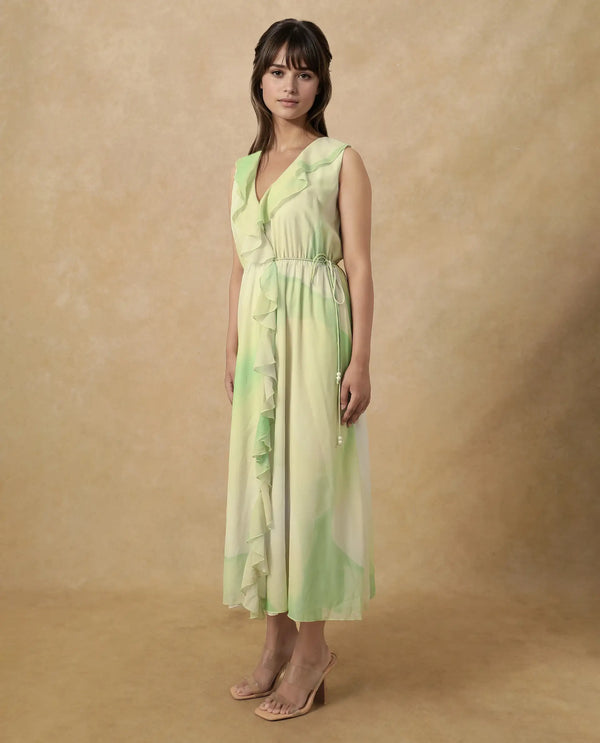 Rareism Women's Alicia Green Polyester Fabric Overlap Neck Tie-Up Closure Sleeveless Abstract A-Line Maxi Dress