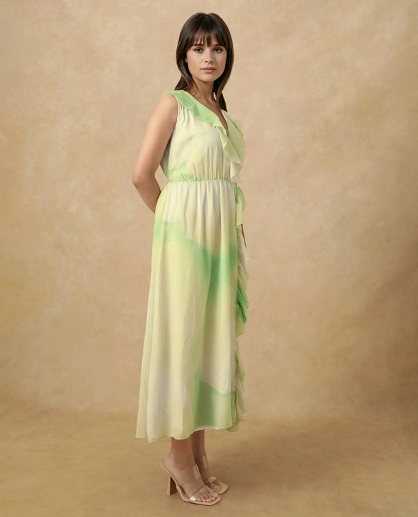 Rareism Women's Alicia Green Polyester Fabric Overlap Neck Tie-Up Closure Sleeveless Abstract A-Line Maxi Dress