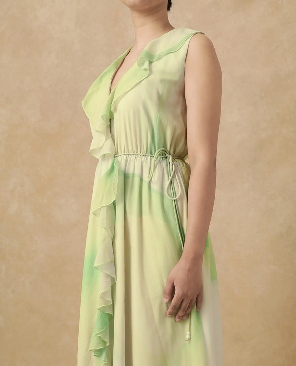 Rareism Women's Alicia Green Polyester Fabric Overlap Neck Tie-Up Closure Sleeveless Abstract A-Line Maxi Dress