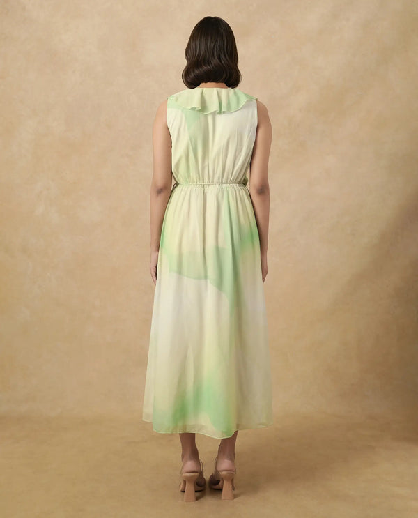 Rareism Women's Alicia Green Polyester Fabric Overlap Neck Tie-Up Closure Sleeveless Abstract A-Line Maxi Dress