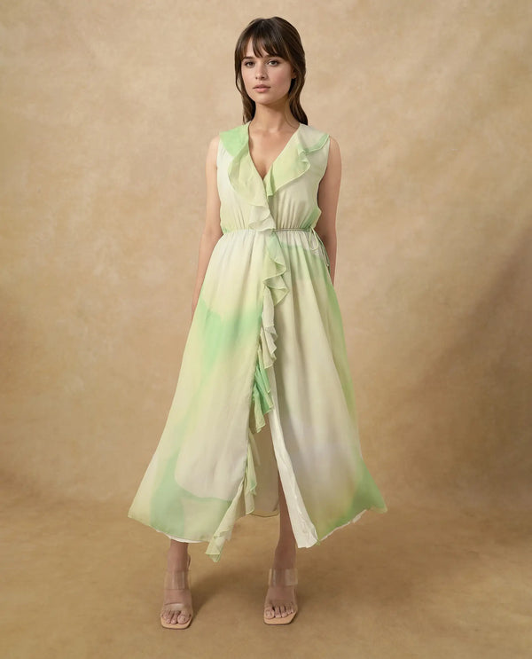 Rareism Women's Alicia Green Polyester Fabric Overlap Neck Tie-Up Closure Sleeveless Abstract A-Line Maxi Dress
