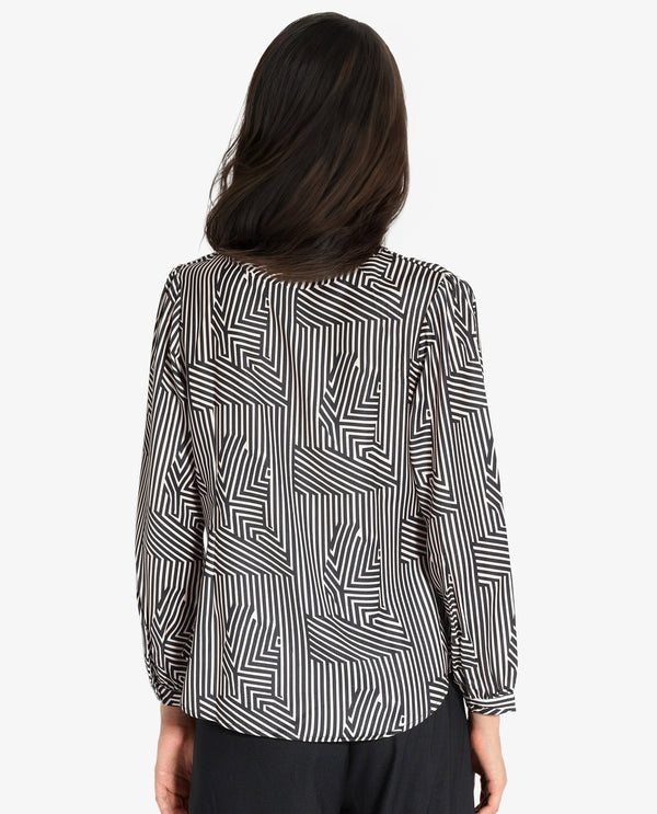 Rareism Women Alie Black Bishop Sleeve Over Lap Neck Geometric Print Top
