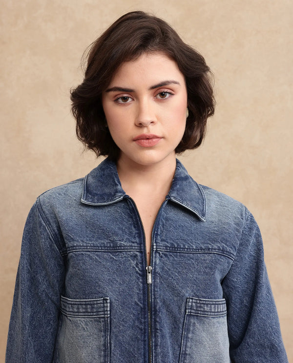 Rareism Women Alino Blue Cotton Fabric Full Sleeve Collared Neck Regular Fit Plain Jacket