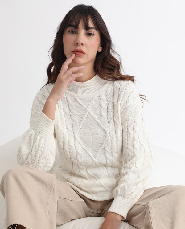 Rareism Women Allen Off White Cotton Fabric Full Sleeves Turtle Neck Regular Fit Plain Sweater
