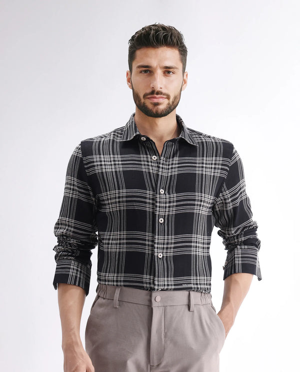 Rare Rabbit Men's Alls Black Cotton Fabric Full Sleeve Collared Neck Button Closure Checked Shirt