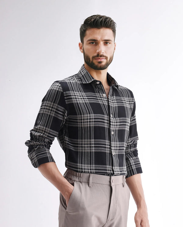 Rare Rabbit Men's Alls Black Cotton Fabric Full Sleeve Collared Neck Button Closure Checked Shirt