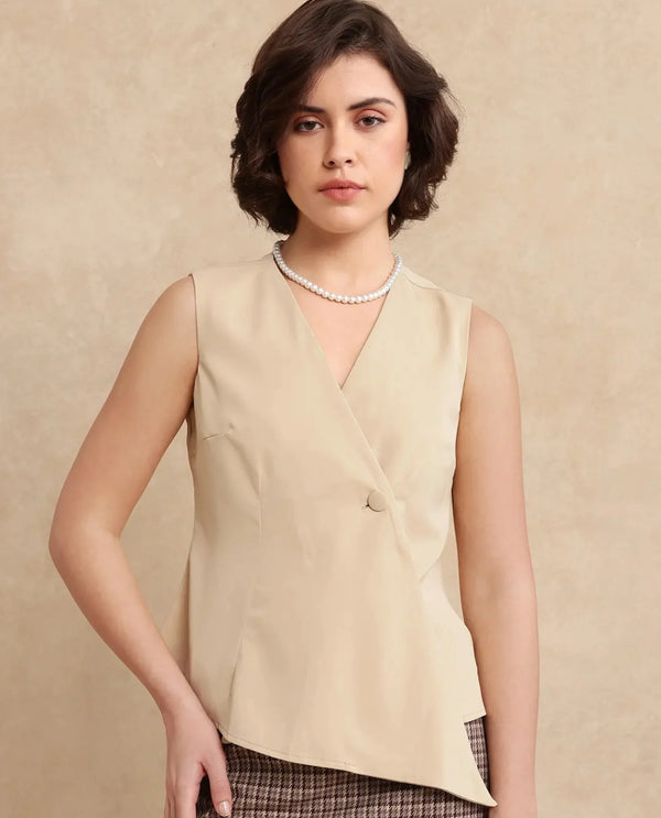 Rareism Women Alnam Beige Satin Sleeveless Over Lap Neck Button Closure Plain Top