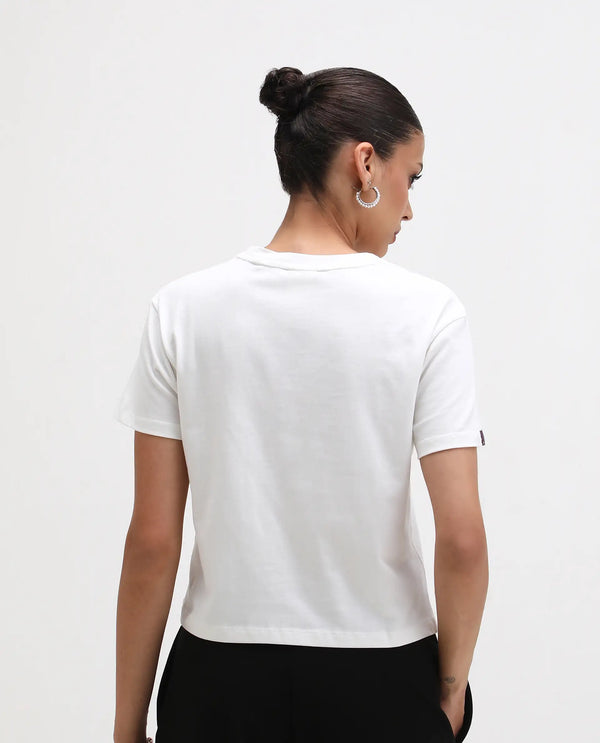 Rareism Women Alore Off White Cotton Blend Fabric Short Sleeve Crew Neck Regular Fit Cropped Graphic Print T-Shirt