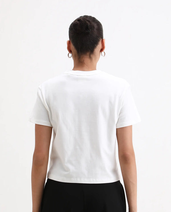 Rareism Women Alore Off White Cotton Blend Fabric Short Sleeve Crew Neck Regular Fit Cropped Graphic Print T-Shirt