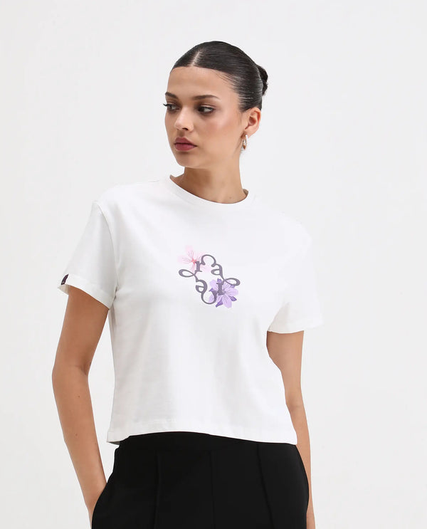 Rareism Women Alore Off White Cotton Blend Fabric Short Sleeve Crew Neck Regular Fit Cropped Graphic Print T-Shirt