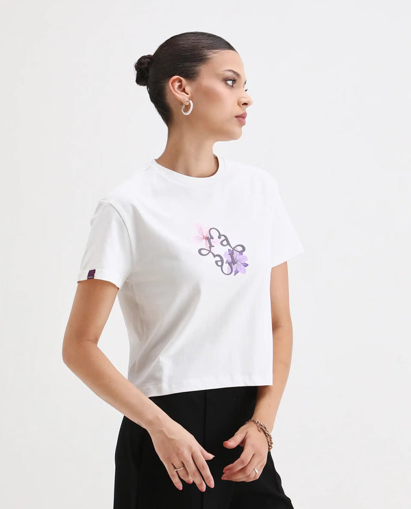 Rareism Women Alore Off White Cotton Blend Fabric Short Sleeve Crew Neck Regular Fit Cropped Graphic Print T-Shirt