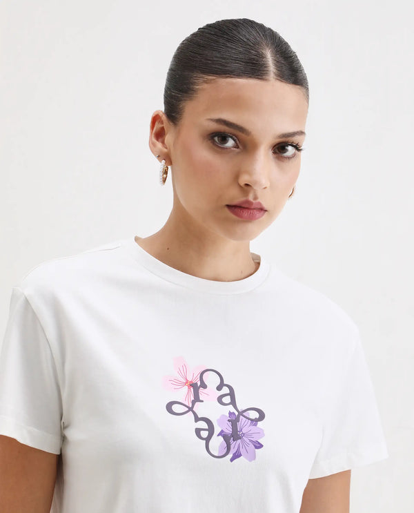 Rareism Women Alore Off White Cotton Blend Fabric Short Sleeve Crew Neck Regular Fit Cropped Graphic Print T-Shirt