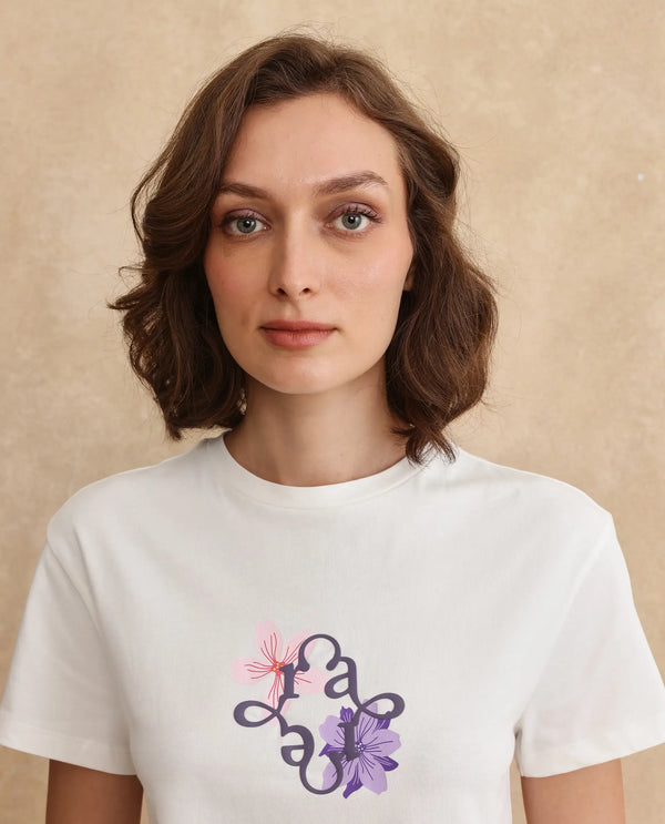 Rareism Women Alore Off White Cotton Blend Fabric Short Sleeve Crew Neck Regular Fit Cropped Graphic Print T-Shirt