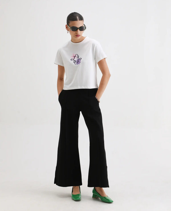 Rareism Women Alore Off White Cotton Blend Fabric Short Sleeve Crew Neck Regular Fit Cropped Graphic Print T-Shirt