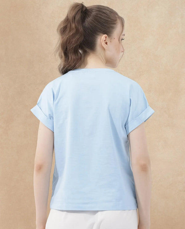 Rareism Women Alte Light Blue Cotton Elastane Fabric Crew Neck Knit Solid T-Shirt