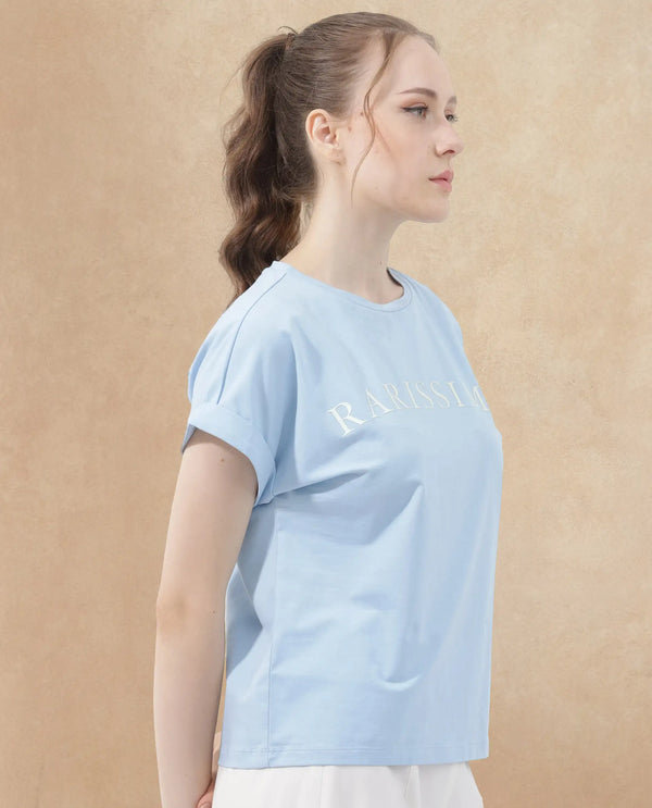 Rareism Women Alte Light Blue Cotton Elastane Fabric Crew Neck Knit Solid T-Shirt