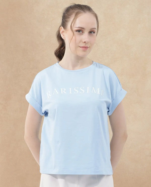 Rareism Women Alte Light Blue Cotton Elastane Fabric Crew Neck Knit Solid T-Shirt