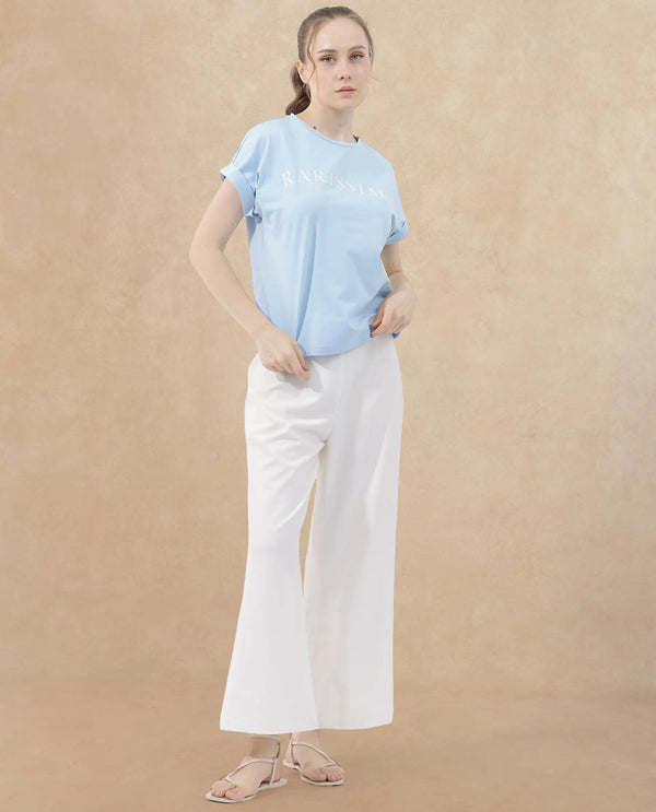 Rareism Women Alte Light Blue Cotton Elastane Fabric Crew Neck Knit Solid T-Shirt