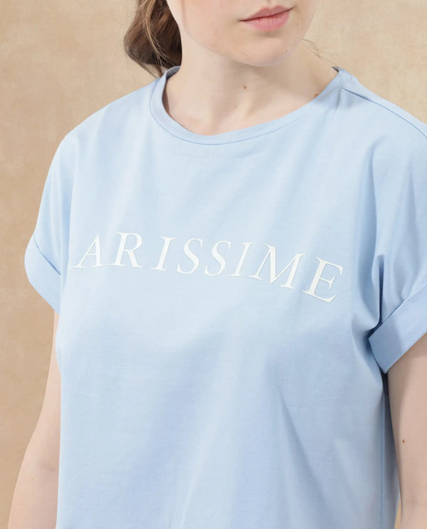 Rareism Women Alte Light Blue Cotton Elastane Fabric Crew Neck Knit Solid T-Shirt