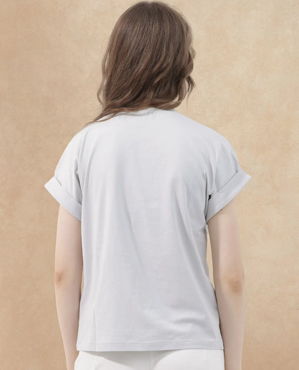 Rareism Women Alte Light Grey Cotton Elastane Fabric Crew Neck Knit Solid T-Shirt