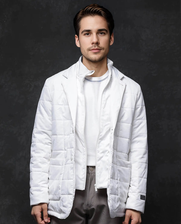 Rare Rabbit Men Alter Off White Polyester Fabric Full Sleeve Lapel Neck Button And Zip Closure Plain Jacket