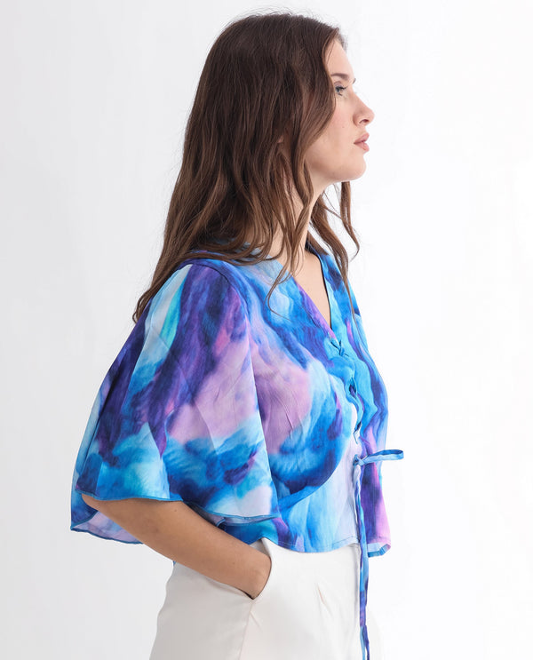Rareism Women Eltop Blue Polyester Fabric Short Sleeves Drawstring Closure V-Neck Flared Sleeve Relaxed Fit Abstract Print Cropped Top
