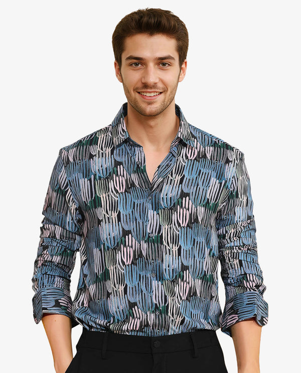 Rare Rabbit Men's Alvin Black Viscose Fabric Full Sleeves Abstract Print Regular Fit Shirt