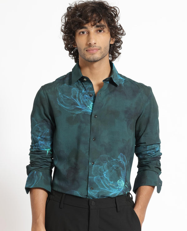 Rare Rabbit Mens Alwick Dark Green Viscose Fabric Full Sleeves Regular Fit Floral Print Shirt