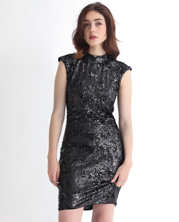 Rareism Women's Alzo Sheen Black Polyester Fabric High Neck Zipper Closure Sleeveless Sequined  Knee Length Dress