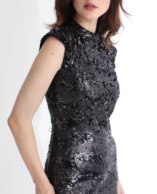 Rareism Women's Alzo Sheen Black Polyester Fabric High Neck Zipper Closure Sleeveless Sequined  Knee Length Dress