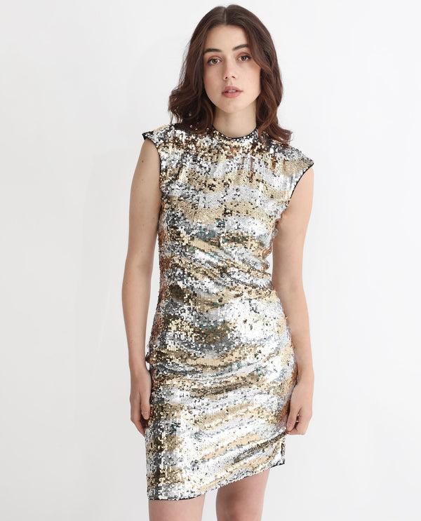 Rareism Women's Alzo Sheen Silver Polyester Fabric High Neck Zipper Closure Sleeveless Sequined  Knee Length Dress
