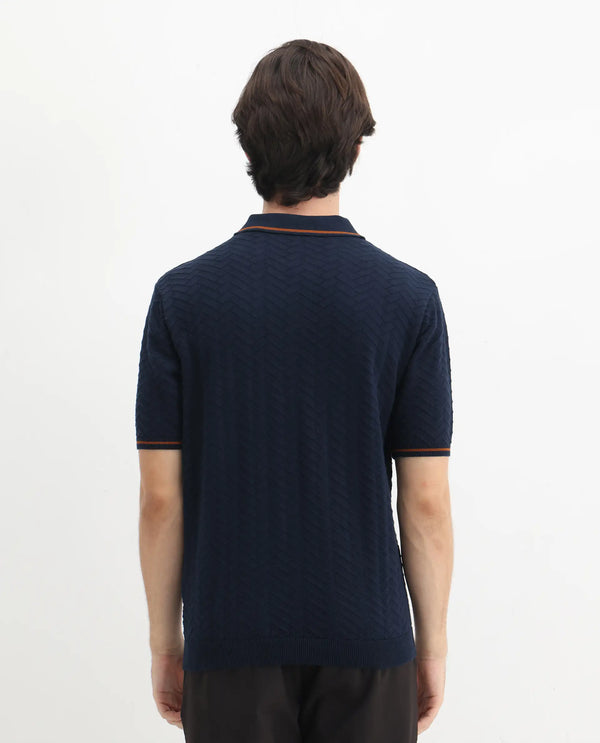 Rare Rabbit Men Amet Navy Cotton Fabric Short Sleeve Polo