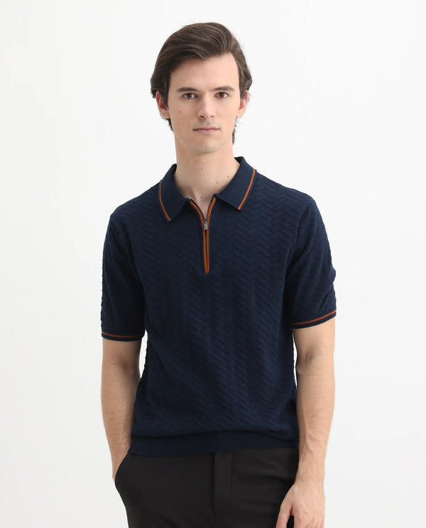 Rare Rabbit Men Amet Navy Cotton Fabric Short Sleeve Polo