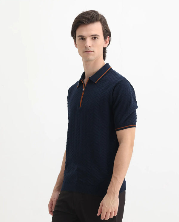 Rare Rabbit Men Amet Navy Cotton Fabric Short Sleeve Polo