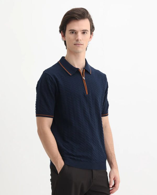 Rare Rabbit Men Amet Navy Cotton Fabric Short Sleeve Polo