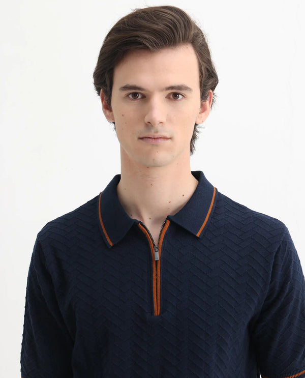 Rare Rabbit Men Amet Navy Cotton Fabric Short Sleeve Polo