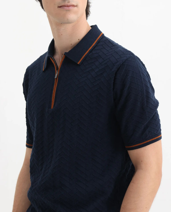 Rare Rabbit Men Amet Navy Cotton Fabric Short Sleeve Polo